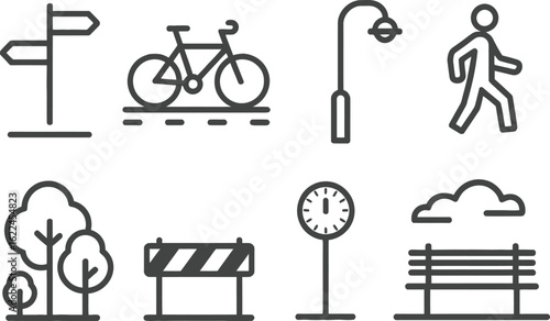 City Elements Outline Icons Set Signpost, Bicycle, Street Lamp, Person, Tree, Barrier