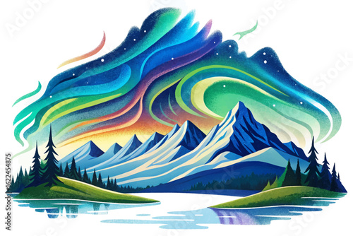 Breathtaking Arctic landscape with northern lights shimmering above snowy mountain peaks and frozen lakes, capturing the magic and beauty of the polar night sky