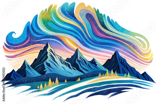 Breathtaking Arctic landscape with northern lights shimmering above snowy mountain peaks and frozen lakes, capturing the magic and beauty of the polar night sky