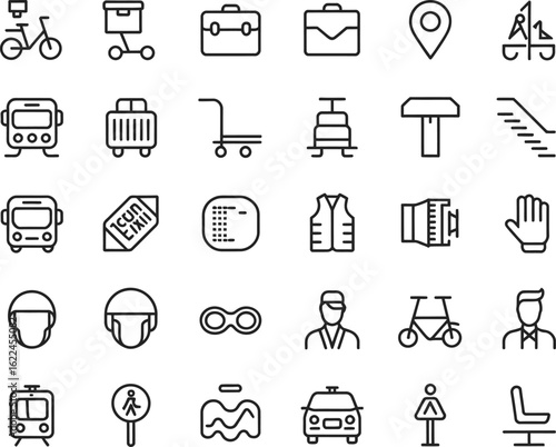 Diverse Transportation and Travel Outline Icons Delivery, Suitcase, Location, Seats