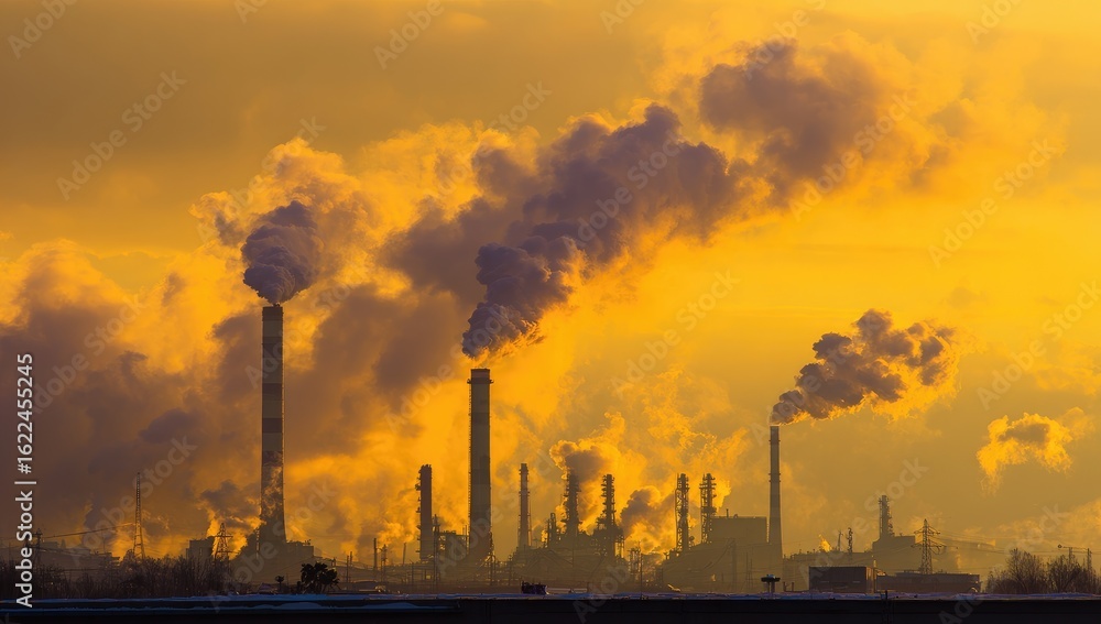 Obraz premium Industrial smokestacks belching smoke into a golden sunset