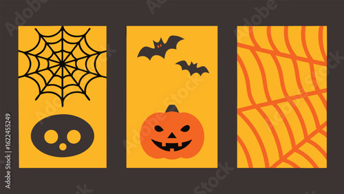 Orange pumpkin bats spiderweb halloween vector