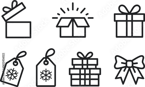 Gift Box Tag Line Icons Set, Open Box, Snowflake Tag on Transparent Background