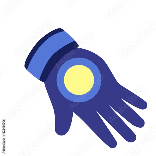 Blue virtual reality glove with a glowing circle sensor, flat style, used in gaming or immersive tech visuals.