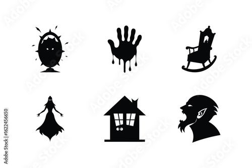 Halloween Elements Set. Haunted Mirror, Zombie Hand, Spooky Rocking Chair, Phantom, Ghostly Manor, Vampire Head Vector Illustration.