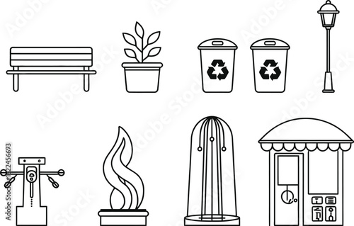 Line Art Icons of Park Bench, Recycle Bins, Plant, Flame, Booth on Transparent Background