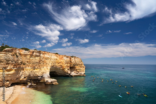 Algarve cliffs near Praia da Marinha beach at sunset , Portugal , Europe