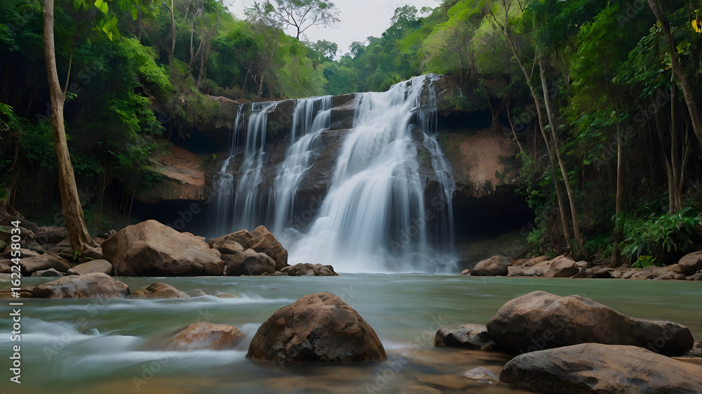 Obraz premium Krung Ching Waterfall, requires walking on foot from the Visitors Centre along a nature trail through the abundant forest. Along the way, there are different plants and trees to see and study,