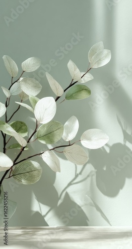 Light-filled still life of white and muted green leaves on light teal background