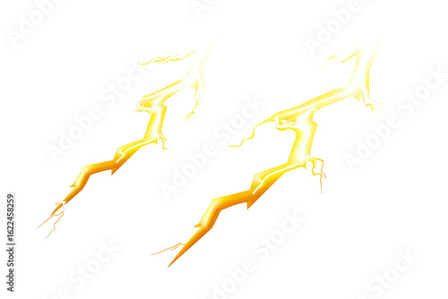 Two stylized lightning bolts,  bright gold-yellow,  with white highlights,  against a black background.  Jagged,  fractal-like  forms