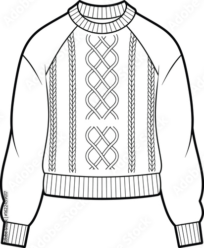 Cozy cable knit sweater CAD drawing, stylish winter fashion flat vector, apparel design illustration for stock, warm textured garment icon