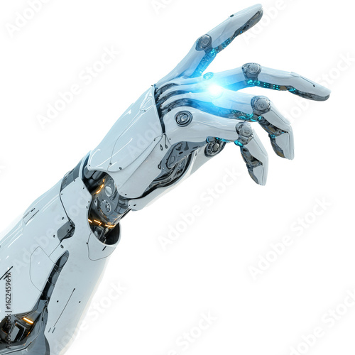 Bionik, Arm und Hand eines Roboters, freigestellt vor transparentem Hintergrund, Generative AI