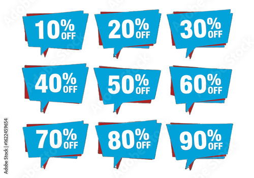 adobe illustrator artwork with transparent background set of discount and sale labels in a modern, angular speech bubble style with a wide range of percentage offers. Ideal for retail and online store