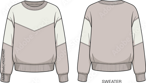 Trendy color block sweater design, CAD drawing, flat vector illustration, fashion apparel, front and back view, technical garment sketch