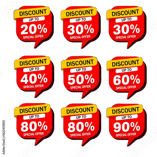 adobe illustrator artwork set of discount and sale labels in speech bubble shape with various percentage offers. Ideal for e-commerce, advertising, and retail promotions