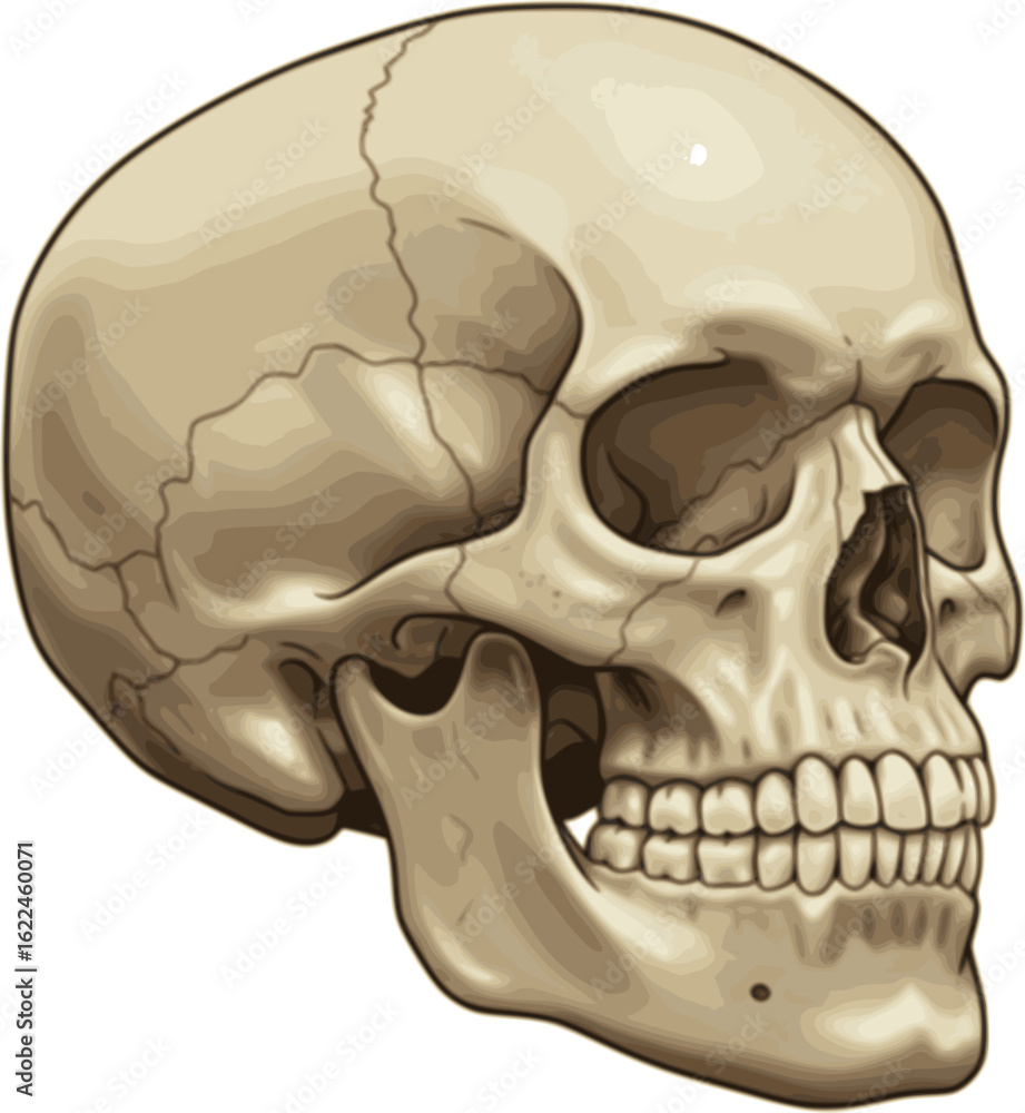 Obraz premium Human skull bones anatomy. Cranial colored parts structure. Outline sutures. Zygomatic, nasal, maxilla, temporal lacrimal mandible frontal parietal occipital. Brain protection. Vector illustration