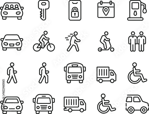 Transportation People and Service Icons Set In Line Style On Transparent Background