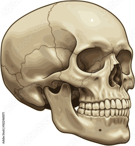 Human skull bones anatomy. Cranial colored parts structure. Outline sutures. Zygomatic, nasal, maxilla, temporal lacrimal mandible frontal parietal occipital. Brain protection. Vector illustration