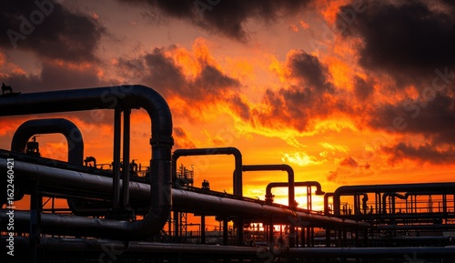 Fototapeta Naklejka Na Ścianę i Meble -  Industrial pipes against fiery sunset