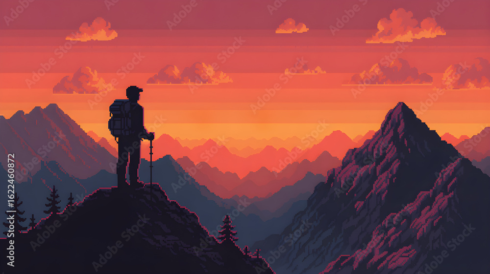 Fototapeta premium Backpacker hiking on mountain ridge at sunset, pixel art
