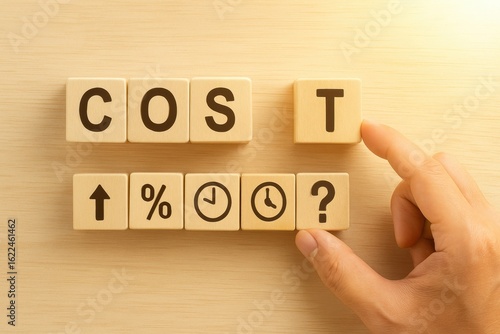 Conceptual Image of Hand Adjusting Cost and Time with Wooden Blocks on Table Representing Financial Decisions and Project Management