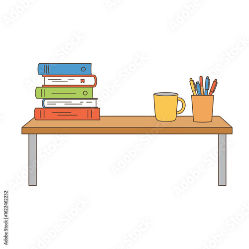 A minimalist illustration of a study desk with a stack of colorful books, a coffee mug, and a pen holder for a clean workspace