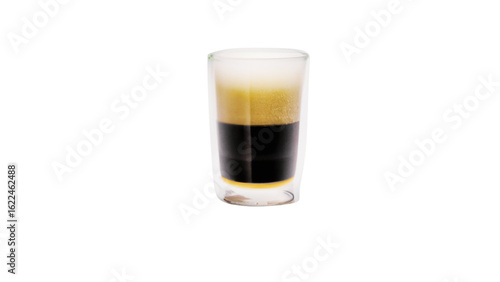 A layered glass of coffee: Experience the perfect visual symphony of a coffee layered within a transparent glass. The drink's artful arrangement.