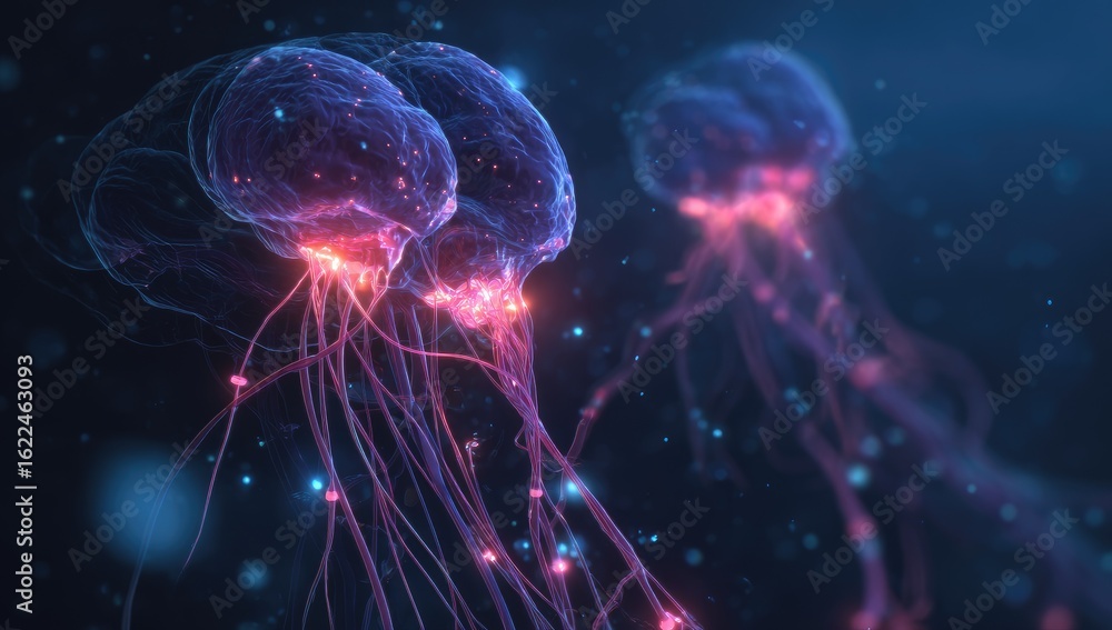 Naklejka premium Two glowing jellyfish, vibrant pink and blue, in deep dark water