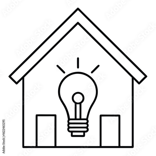 Simple line art icon of a house with a glowing light bulb inside symbolizing ideas and innovation in home design