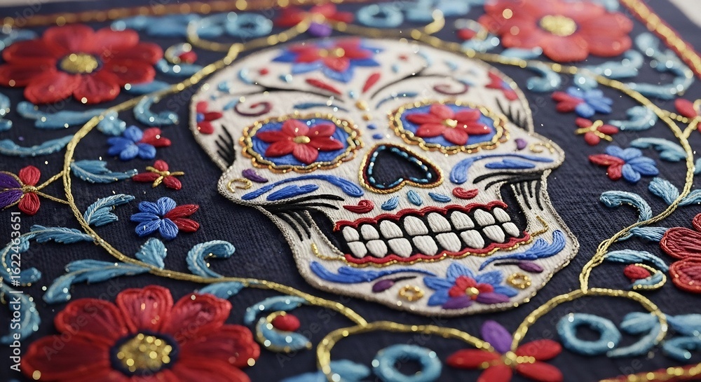 Fototapeta premium Day of the Dead skull intricately embroidered with colorful flowers, perfect for Dia de los Muertos celebrations, cultural events, textile art, and festive decorations.