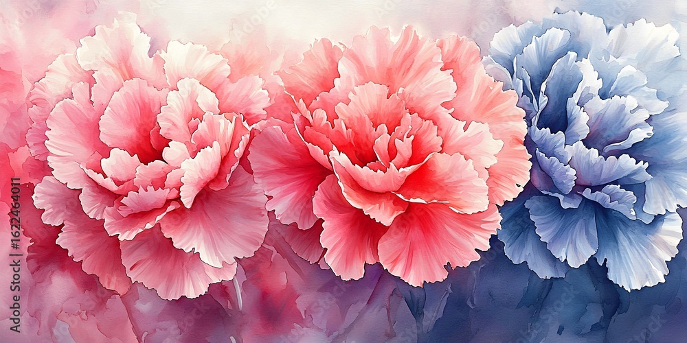 Fototapeta premium Beautiful watercolor illustration of three pink and blue carnation flowers with soft edges