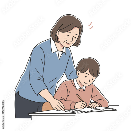 Caring mother or teacher helping a young student with homework. A heartwarming illustration of education, parental support, and learning.