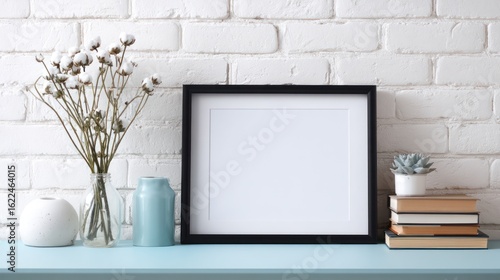 Blank frame mockup on blue table with decorations against a white brick wall