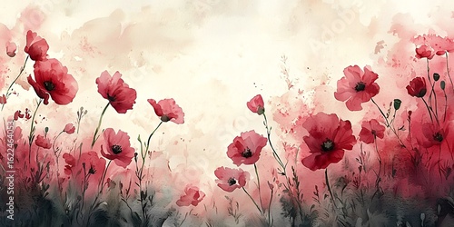 Fototapeta Naklejka Na Ścianę i Meble -  Expansive field of bright red poppies captured in watercolor with flowing brush strokes and detail