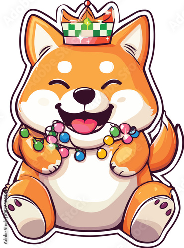 Delightful Shiba Inu with crown and festive lights, joyfully smiling