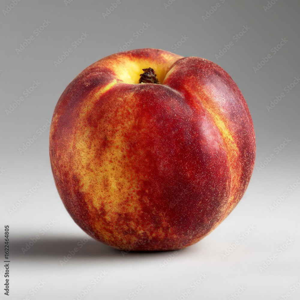 Single Ripe Peach With Red And Yellow Stripes Against Gray Background Single Ripe Peach With Red And Yellow Stripes Against Gray Background