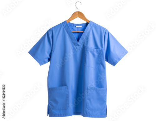 Classic Blue Medical Scrub Top on Hanger with Clean White Background