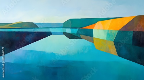Abstract Geometric Landscape Painting Teal and Orange Hues