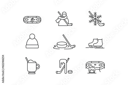 Ice hockey rink player puck skates snowflake warm drink fire pit vector