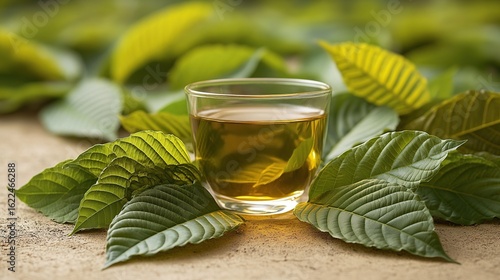 A glass cup of herbal tea surrounded by fresh leaves