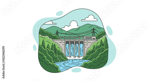 A Stunning Illustrated Representation of a Scenic Hydroelectric Dam Surrounded by Lush Greenery and Majestic Mountains Under a Clear Blue Sky with Gentle Clouds