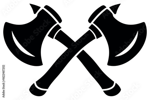 Two black crossed axes form a bold monochrome heraldic symbol with transparent background