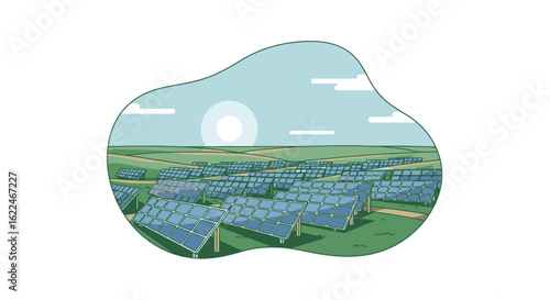 Vibrant Illustration of a Bountiful Solar Farm Bathed in Sunlight Under a Clear Blue Sky with Expansive Green Fields and Rows of Gleaming Solar Panels for Sustainable Energy Production