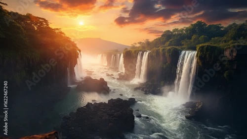 Wallpaper Mural Witness the breathtaking beauty of waterfalls flowing amidst greenery as the sun sets, casting colorful reflections on the water. Nature's serenity captivates the viewer Torontodigital.ca