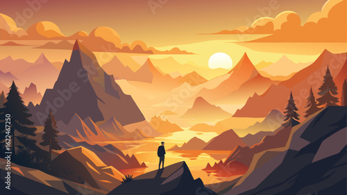 Solitary hiker gazes at a majestic mountain landscape at sunset
