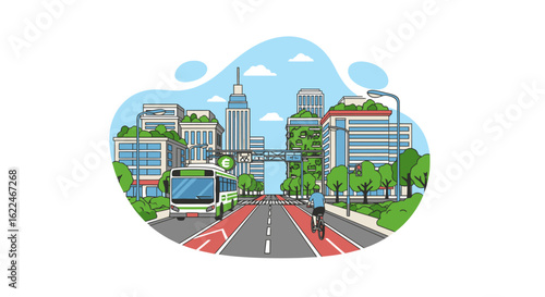 Vibrant Urban Landscape Featuring Eco-Friendly Transportation Options Including a Public Bus and Cyclist Surrounded by Modern Skyscrapers and Lush Greenery in a Clean City Environment