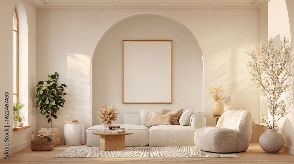 Naklejka premium Minimalist living room with white sofa, wood floors, arched entry, and natural light