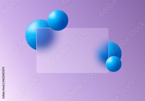 Glassmorphism rectangular banner with blue spheres on purple gradient background