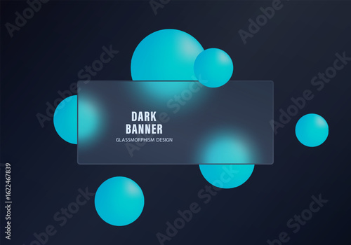 Dark rectangular banner with glowing blue spheres on black background