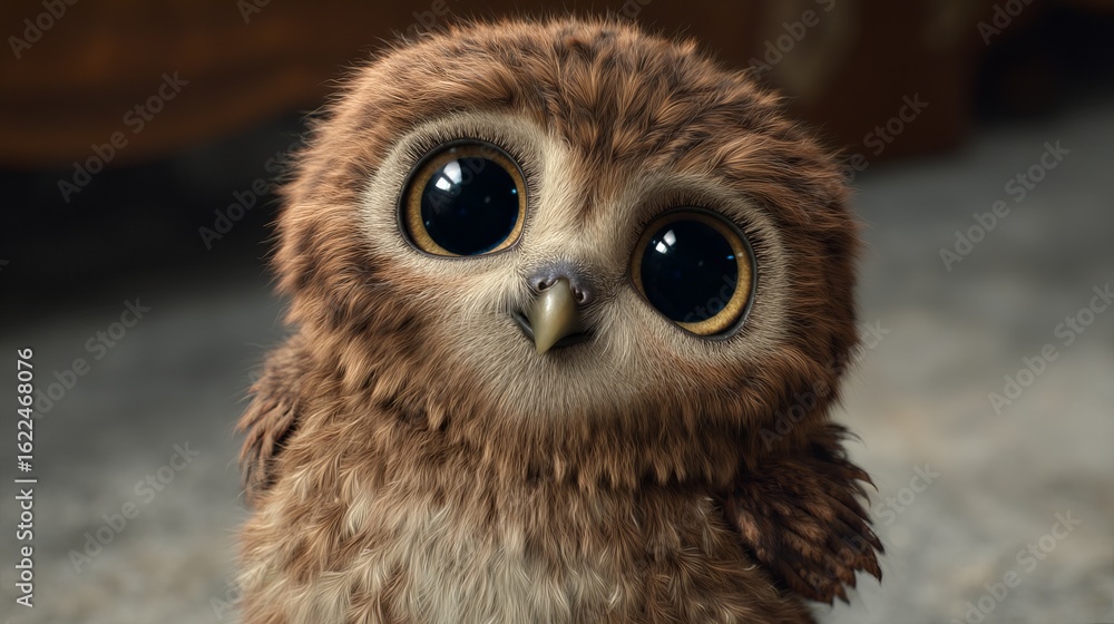 Obraz premium A cute, fluffy brown owl with big, expressive eyes, looking curiously at the viewer.